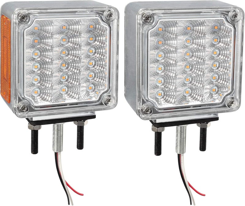 Partsam 2Pcs Square Double Face Led Turn Signal Lights Parking Lights Clear Lens - Amber/Amber 39 Square LED Pedestal Fender Stud Mount Dual Face Led Lights for Trucks Trailers - Image 2